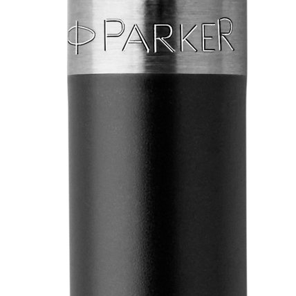Closeup of a Jotter barrel and pen cap with chrome trim showcasing an engraved Parker logo.