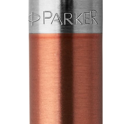 Closeup of a Jotter barrel and pen cap with chrome trim showcasing an engraved Parker logo.