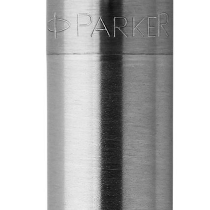Closeup of a Jotter barrel and pen cap with chrome trim showcasing an engraved Parker logo.