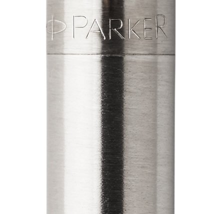 Closeup of a Jotter barrel and pen cap with chrome trim showcasing an engraved Parker logo.
