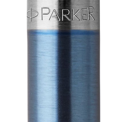 Closeup of a Jotter barrel and pen cap with chrome trim showcasing an engraved Parker logo.