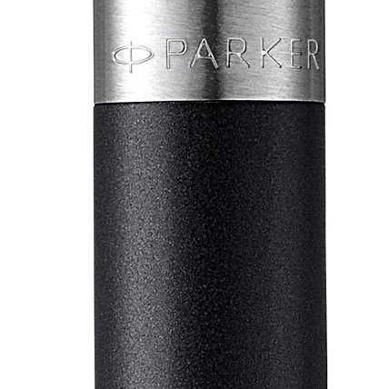 Closeup of a Jotter barrel and pen cap with chrome trim showcasing an engraved Parker logo.