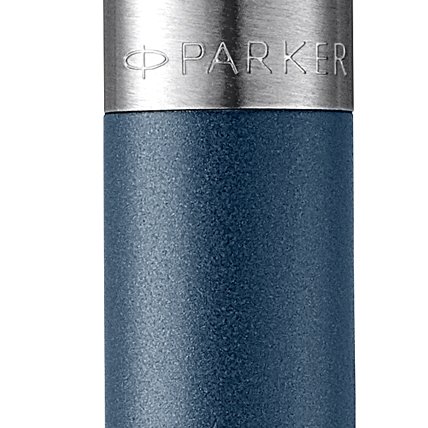 Closeup of a Jotter barrel and pen cap with chrome trim showcasing an engraved Parker logo.