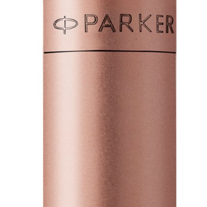 Closeup of a Jotter barrel and pen cap showcasing an engraved Parker logo.