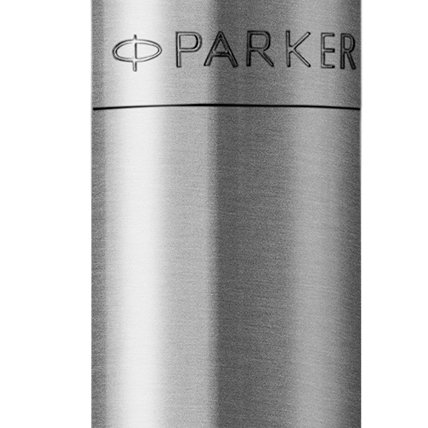 Closeup of a Jotter barrel and pen cap showcasing an engraved Parker logo.