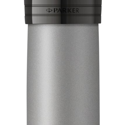 Closeup of a Parker 51 pen barrel and pen cap showcasing an engraved Parker logo.
