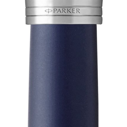 Closeup of a Parker 51 pen barrel and pen cap with chrome trim showcasing an engraved Parker logo.