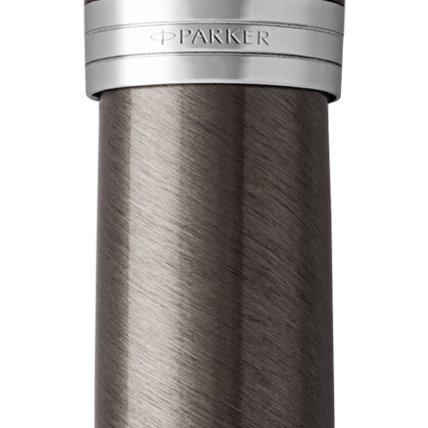 Closeup of a Parker 51 pen barrel and pen cap with chrome trim showcasing an engraved Parker logo.