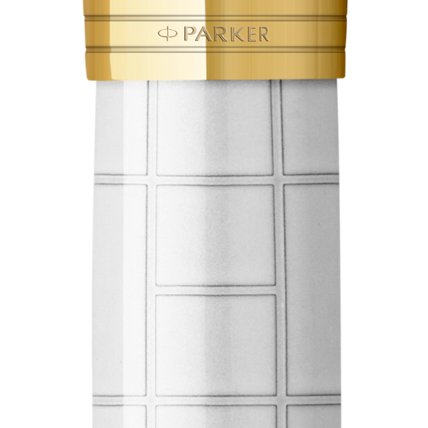 Closeup of a Parker 51 pen barrel and pen cap with gold trim showcasing an engraved Parker logo.