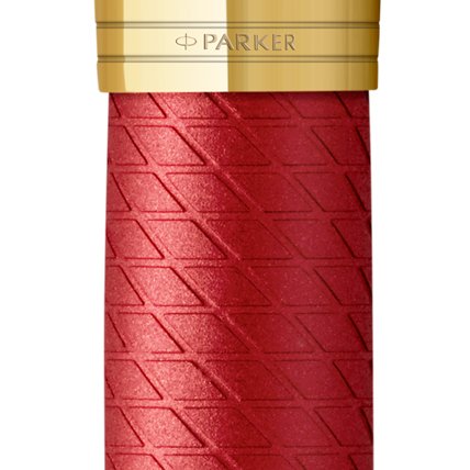Closeup of a Parker 51 pen barrel and pen cap with gold trim showcasing an engraved Parker logo.