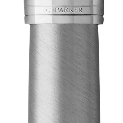 Closeup of a Parker 51 pen barrel and pen cap with chrome trim showcasing an engraved Parker logo.