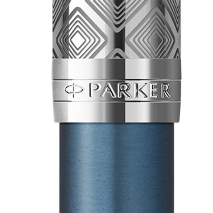 Closeup of a Sonnet barrel and pen cap with chrome trim showcasing an engraved Parker logo.