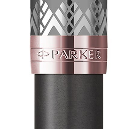 Closeup of a Sonnet barrel and pen cap showcasing an engraved Parker logo.