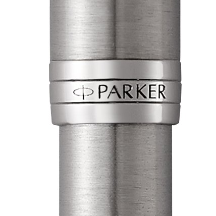 Closeup of a Sonnet barrel and pen cap with chrome trim showcasing an engraved Parker logo.