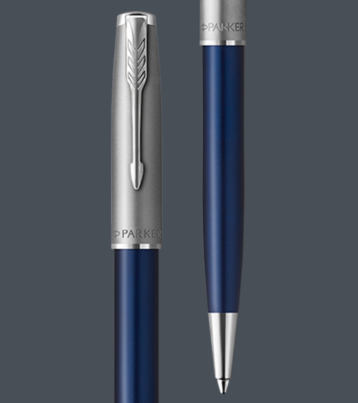 Two upright Sonnet Tükenmez Kalems with chrome trim.