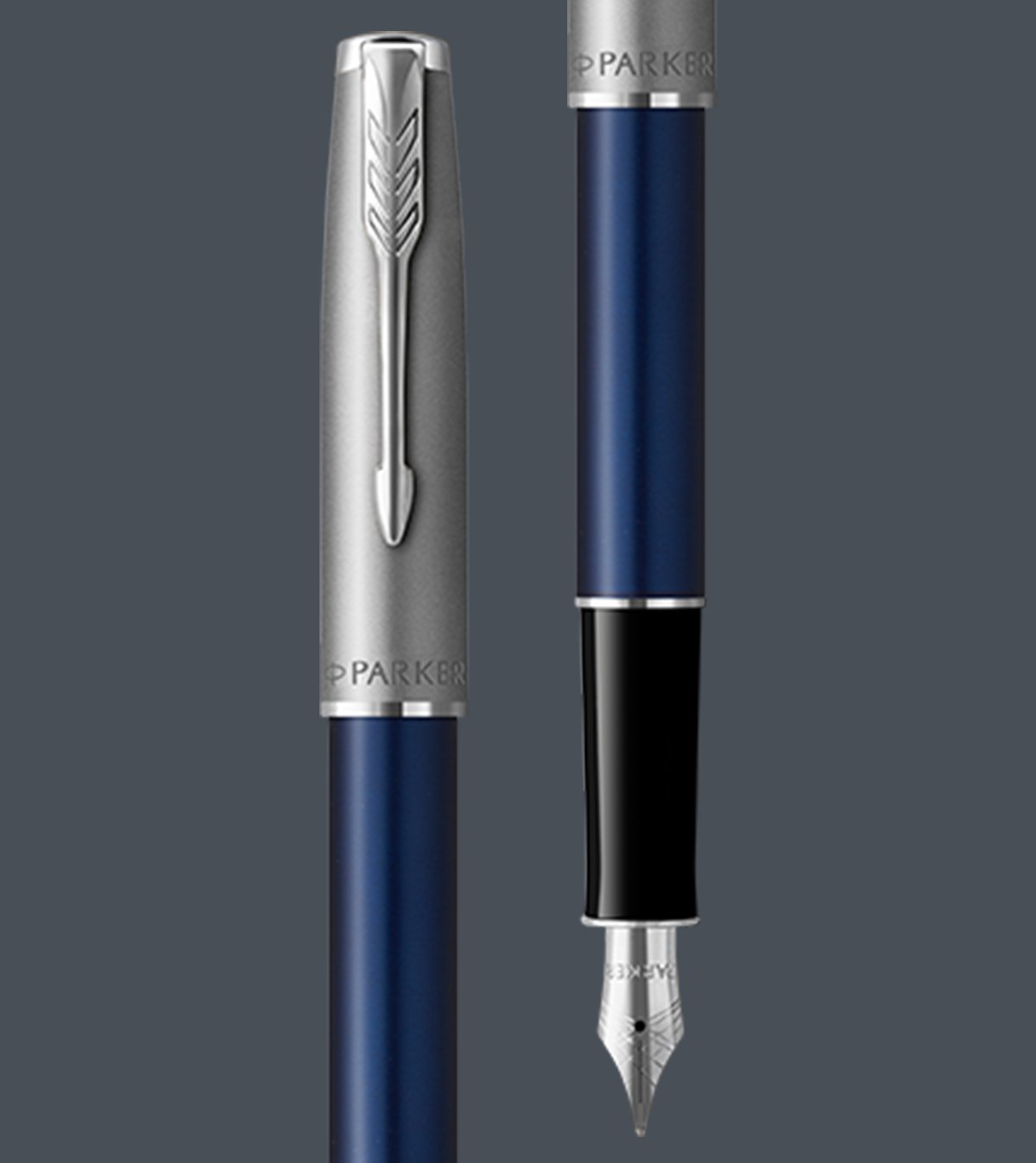 Two upright Sonnet Dolma kalems with chrome trim.