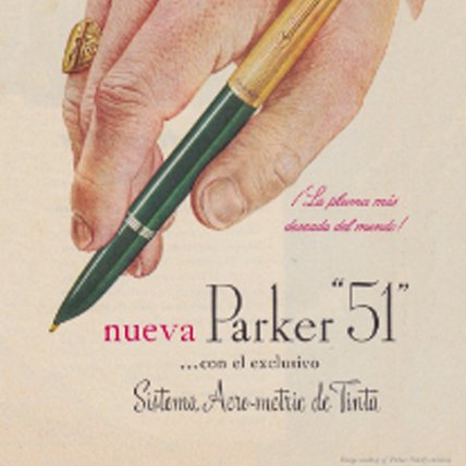 Vintage advertisement for Parker 51 pens in Spanish.
